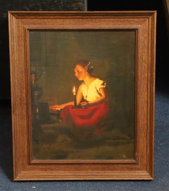 19th century Continental School Candle lit interior with a girl by a fire 9.5 x 7.5in.